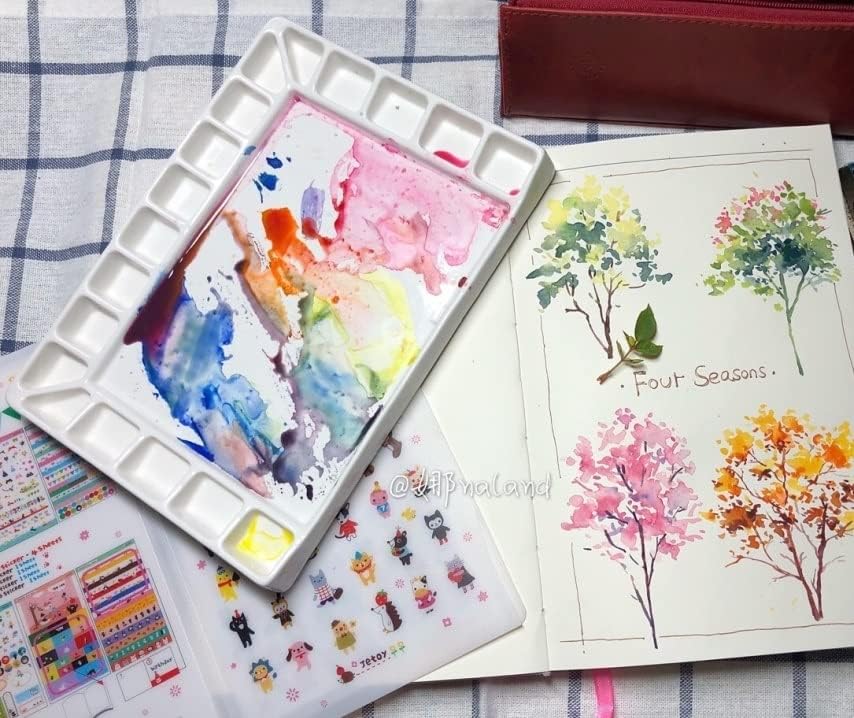 Bower Bird Ceramic Watercolor Palette 18well Rectangle Artist Professional Paint Palette for Acrylic,Gouache Painting Ceramic Mixing Tray (Porcelain) (7.8x5.7in(with Box))
