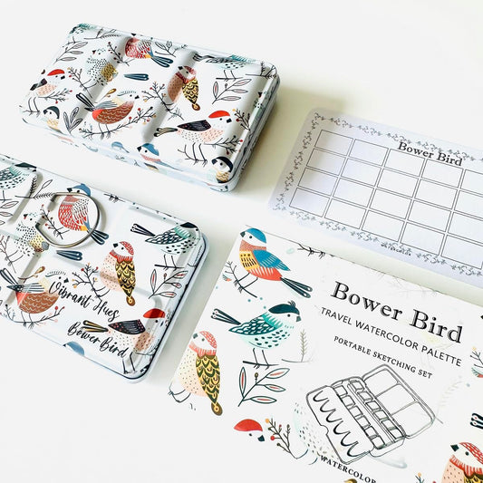 Bower Bird Empty Watercolor Palette, Metal Tin Palette for Artist Watercolors,Unique Pattern Metal Watercolor Paint Tin for Watercolors Oils and Gouache (12 Half Pans-Bird)