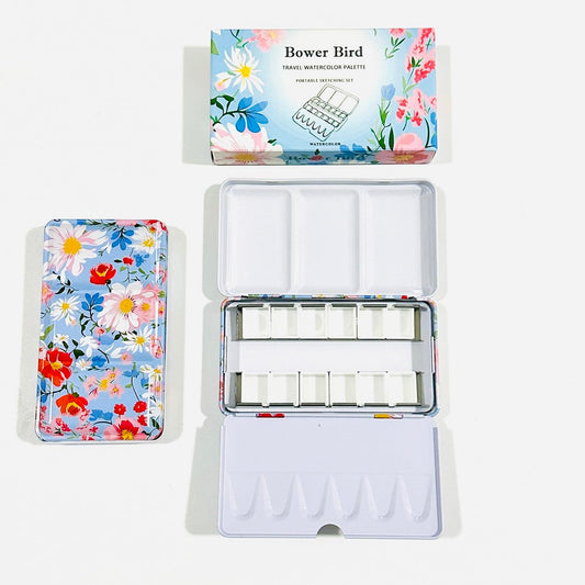 Bower Bird Empty Watercolor Palette, Metal Tin Palette for Artist Watercolors,Unique Pattern Metal Watercolor Paint Tin for Watercolors Oils and Gouache (12 Wells)