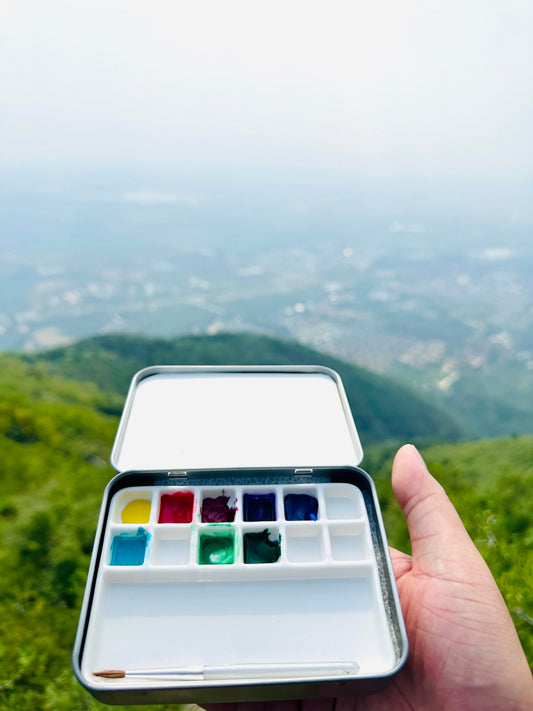 Bower Bird Travel Ceramic Watercolor Palette with 12-Well Porcelain Mixing Tray & Metal Tin Box - Portable Art Kit for Gouache, Studio & Outdoor Painting