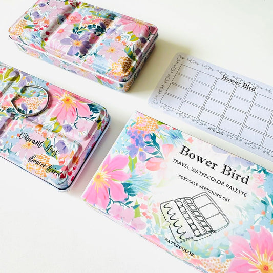 Bower Bird Empty Watercolor Palette, Metal Tin Palette for Artist Watercolors,Unique Pattern Metal Watercolor Paint Tin for Watercolors Oils and Gouache (12 Half Pans-Pink)