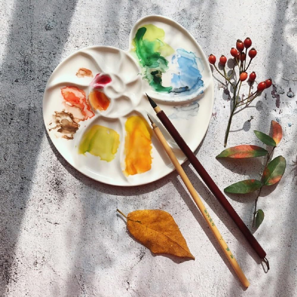 Bower Bird Ceramic Paint Palette Round Conch,Artist Professional Porcelain Watercolor Palette,Acrylic Gouache Watercolor Mixing Tray-6.7Inch