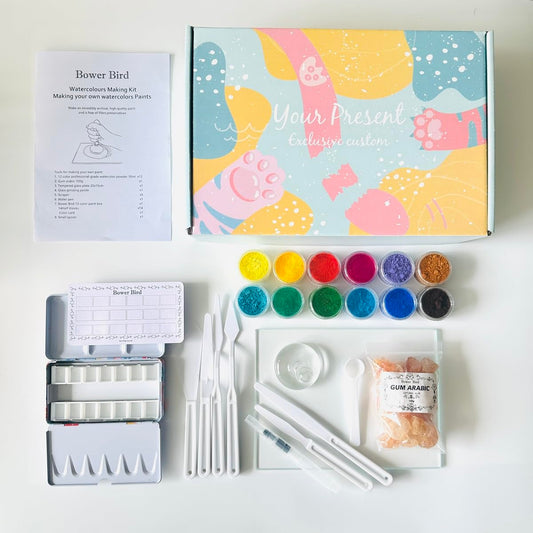 Watercolours Making Kit - Making your own Watercolour Paints，Including Pigment powder，Muller ，Glass Palette，Metal Tin Palette, Drawing Knives and Watercolor Half Pans，a gift for artists (12 color set)