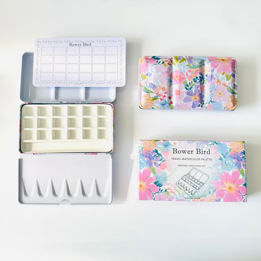 Bower Bird Travel Watercolor Palette,Portable Ceramic Palette,Empty Paint Palette,Small Travel Metal Paint Boxwith Porcelain Palette (18Well)