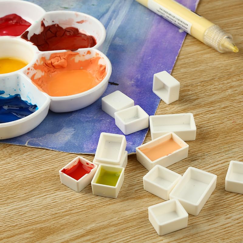 Bower Bird 48 Pcs Empty Watercolor Paint Pans White Plastic Watercolor Tins - 24 Full Pans & 24 Half Pans