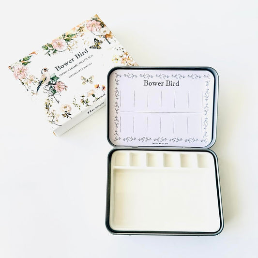 Bower Bird Travel Watercolor Palette,Portable Ceramic Palette 6 Well,Empty Paint Palette,Small Travel Metal Paint Boxwith Porcelain Palette (6-Well)