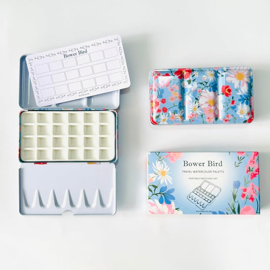 Bower Bird Travel Watercolor Palette,Portable Ceramic Palette 16 Well,Empty Paint Palette,Small Travel Metal Paint Boxwith Porcelain Palette (24Well)