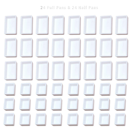 Bower Bird 48 Pcs Empty Watercolor Paint Pans White Plastic Watercolor Tins - 24 Full Pans & 24 Half Pans