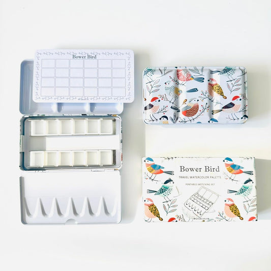 Bower Bird Empty Watercolor Palette, Metal Tin Palette for Artist Watercolors,Unique Pattern Metal Watercolor Paint Tin for Watercolors Oils and Gouache (12 Half Pans-Bird)