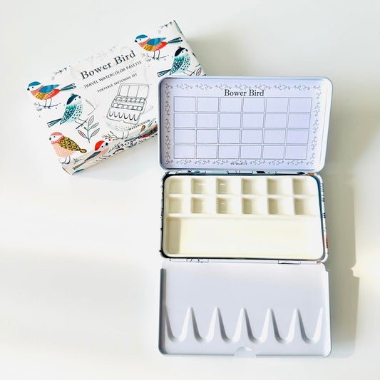 Bower Bird Travel Watercolor Palette,Portable Ceramic Palette,Empty Paint Palette,Small Travel Metal Paint Boxwith Porcelain Palette
