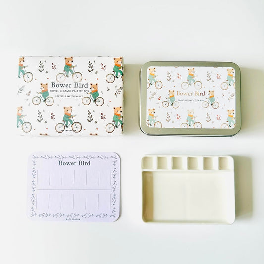 Bower Bird Travel Ceramic Watercolor Palette with Porcelain Mixing Tray & Metal Tin Box - Portable Art Kit for Gouache, Studio & Outdoor Painting (6Well)
