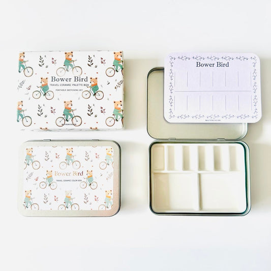 Bower Bird Travel Ceramic Watercolor Palette with Porcelain Mixing Tray & Metal Tin Box - Portable Art Kit for Gouache, Studio & Outdoor Painting (8Well)