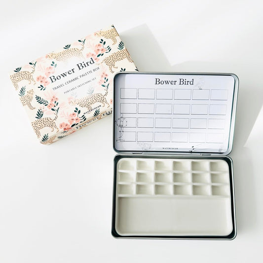 Bower Bird Travel Watercolor Palette,Portable Ceramic Palette 6 Well,Empty Paint Palette,Small Travel Metal Paint Boxwith Porcelain Palette (18Well)