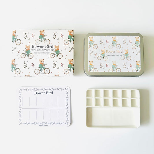 Bower Bird Travel Ceramic Watercolor Palette with Porcelain Mixing Tray & Metal Tin Box - Portable Art Kit for Gouache, Studio & Outdoor Painting (12Well)