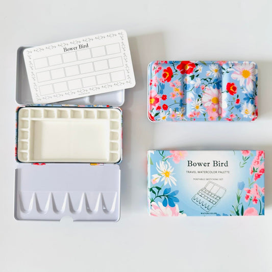 Bower Bird Travel Watercolor Palette,Portable Ceramic Palette 16 Well,Empty Paint Palette,Small Travel Metal Paint Boxwith Porcelain Palette (16Well)