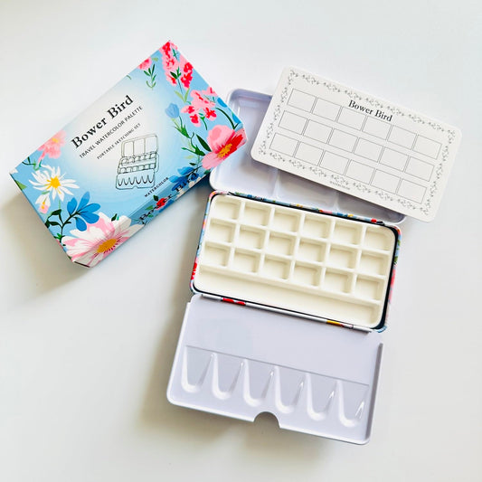 Bower Bird Travel Watercolor Palette,Portable Ceramic Palette 18 Well,Empty Paint Palette,Small Travel Metal Paint Boxwith Porcelain Palette