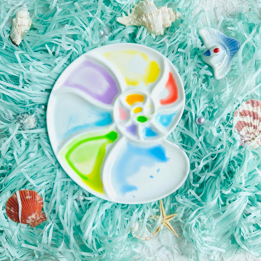 Bower Bird Ceramic Paint Palette Round Conch，Artist Professional Porcelain Watercolor Palette，Acrylic Gouache Watercolor Mixing Tray-6.7Inch