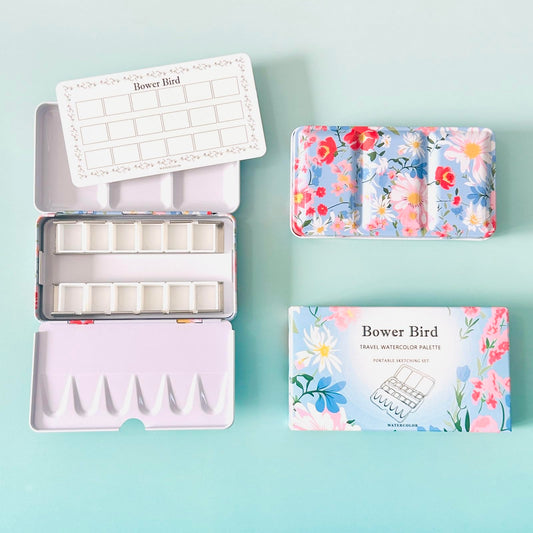 Bower Bird Empty Watercolor Palette, Metal Tin Palette for Artist Watercolors,Unique Pattern Metal Watercolor Paint Tin for Watercolors Oils and Gouache (12 Wells)
