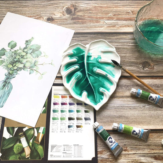 Bower Bird Porcelain Watercolor Palette 6.7in Monstera Leaf Artist Professional Ceramic Palette (Porcelain)